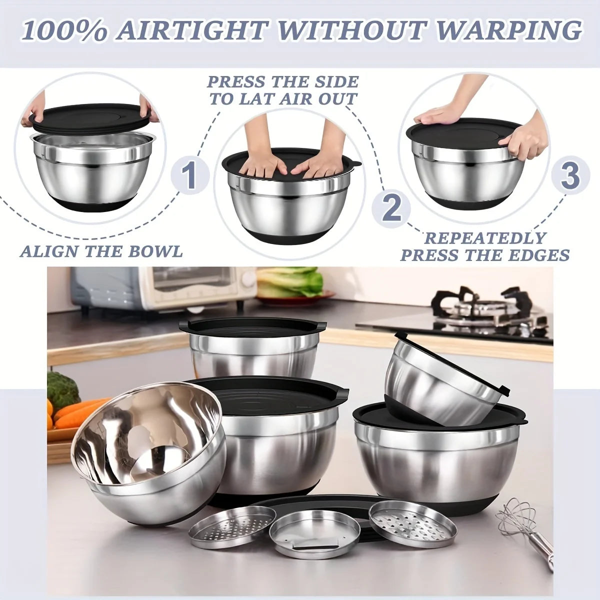 Set of Stainless Steel Mixing Bowls with Airtight Lids & Non-Slip Bases