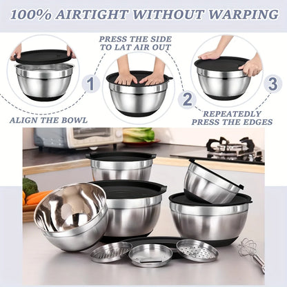 Set of Stainless Steel Mixing Bowls with Airtight Lids & Non-Slip Bases