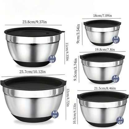 Set of Stainless Steel Mixing Bowls with Airtight Lids & Non-Slip Bases