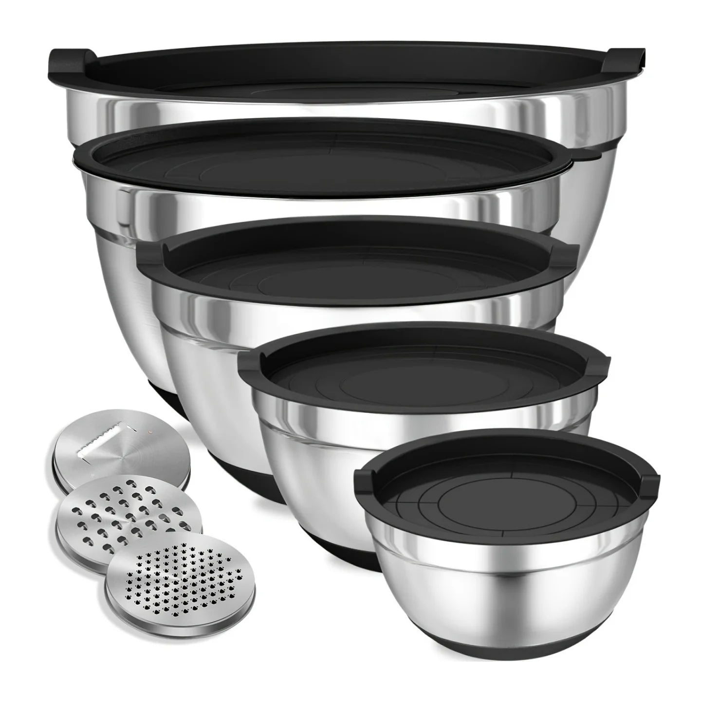 Set of Stainless Steel Mixing Bowls with Airtight Lids & Non-Slip Bases