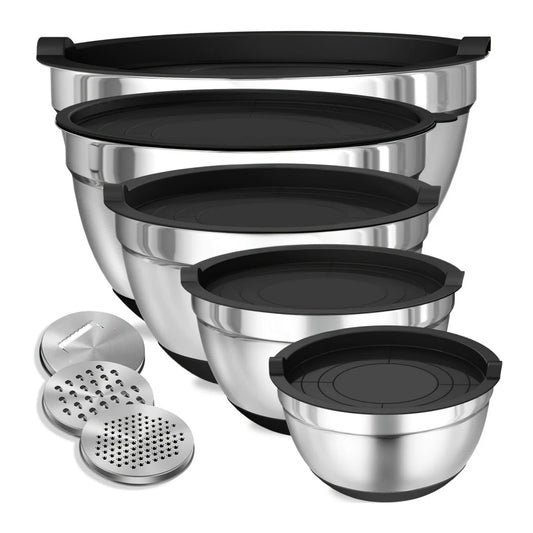 Set of Stainless Steel Mixing Bowls with Airtight Lids & Non-Slip Bases