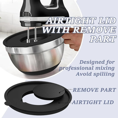 Set of Stainless Steel Mixing Bowls with Airtight Lids & Non-Slip Bases