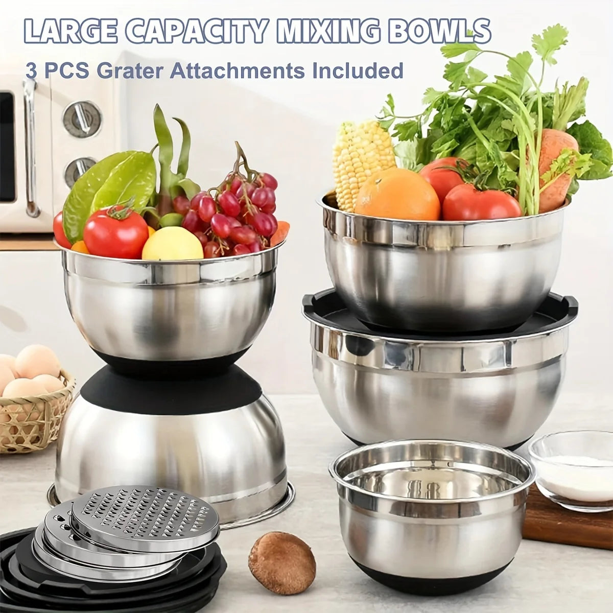 Set of Stainless Steel Mixing Bowls with Airtight Lids & Non-Slip Bases